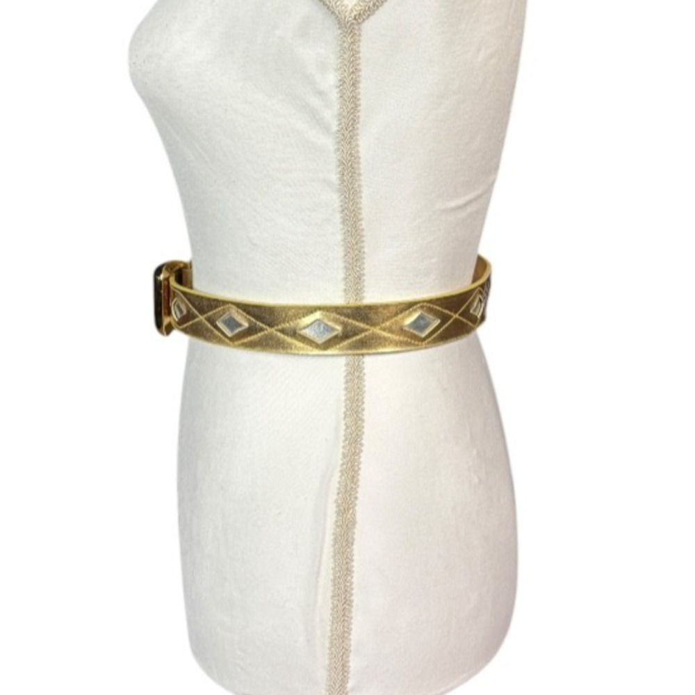 Vintage Liz Claiborne Statement Belt Gold Size Medium Faux Leather Retro Diamond - Picture 4 of 11